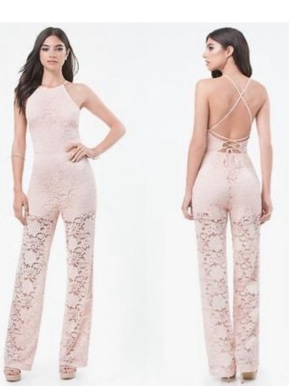 bebe Pale Pink Lace Halter Jumpsuit with Crisscross Back